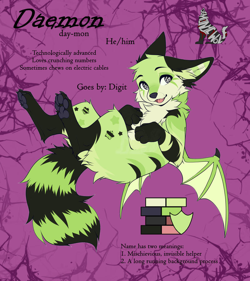 Daemon (Digit) - Bat Dog - He/him - Click the image to see his FurAffinity page to see and find out more!