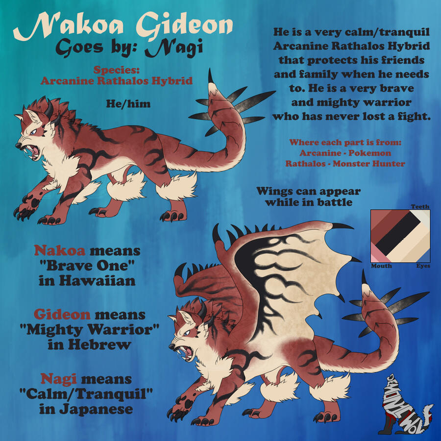 Nakoa Gideon (Nagi) - Arcanine Rathalos Hybrid - He/him - Click the image to see his FurAffinity page to see and find out more!